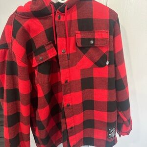 Men's Red and Black Buffalo Plaid Hooded Flannel Shirt Jacket